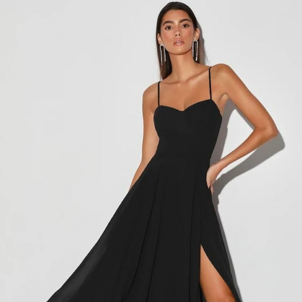 Lulu's Cause for Commotion Black Pleated Bustier Maxi Dress